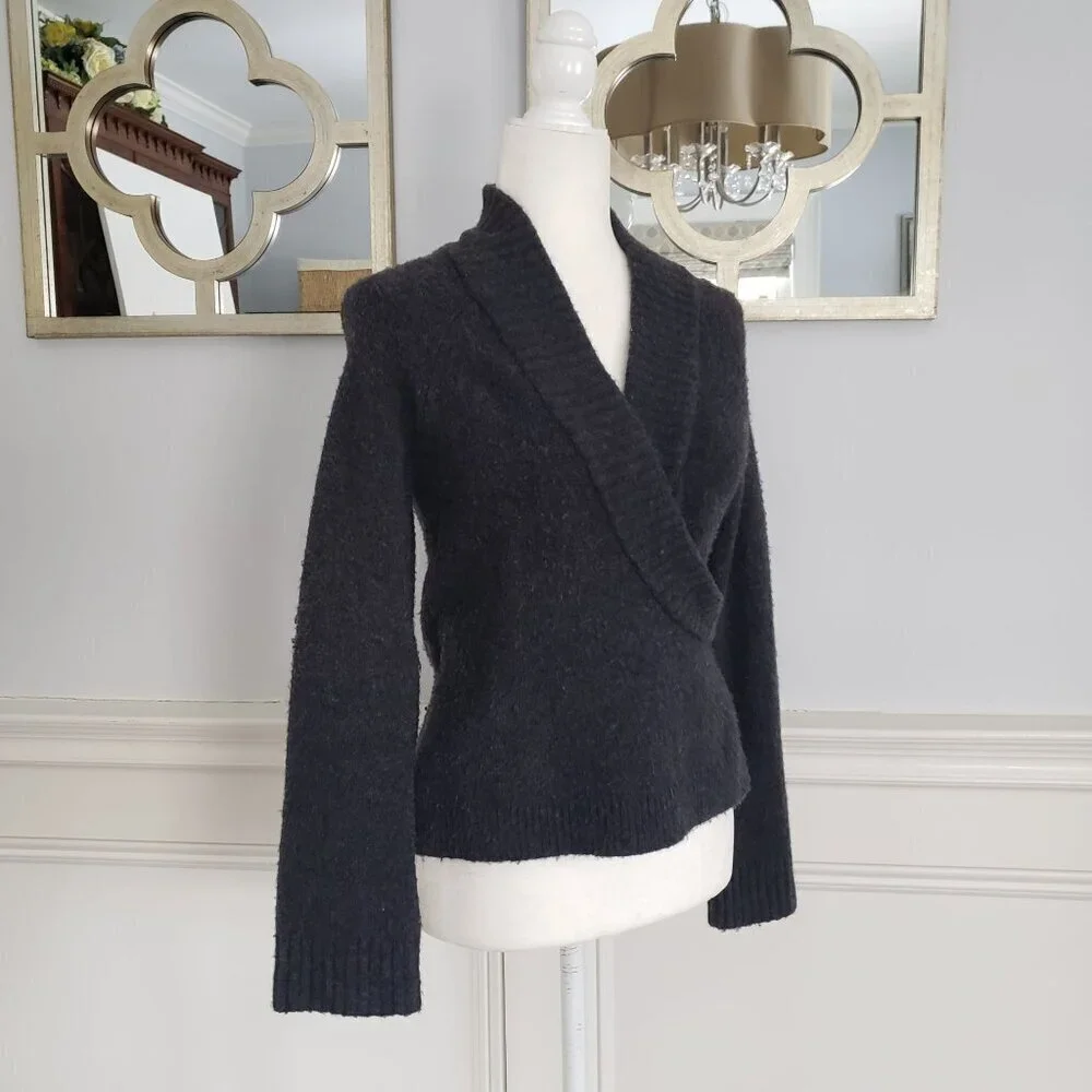Anthropologie XS Faux Wrap Soft Alpaca Wool Surplice VNeck Collar Grey Sweater